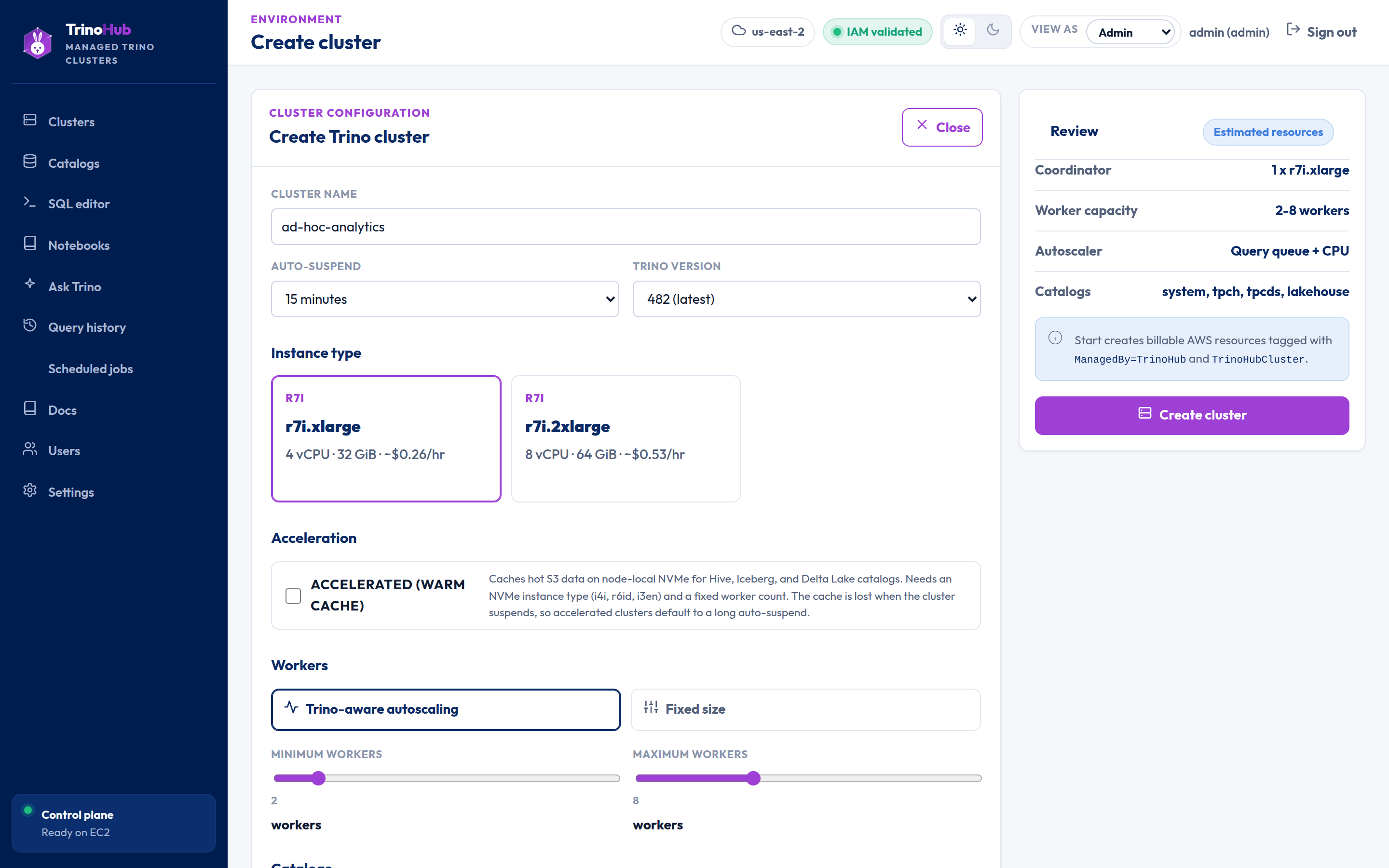 Create cluster — preset tiers, autoscaling, and review panel